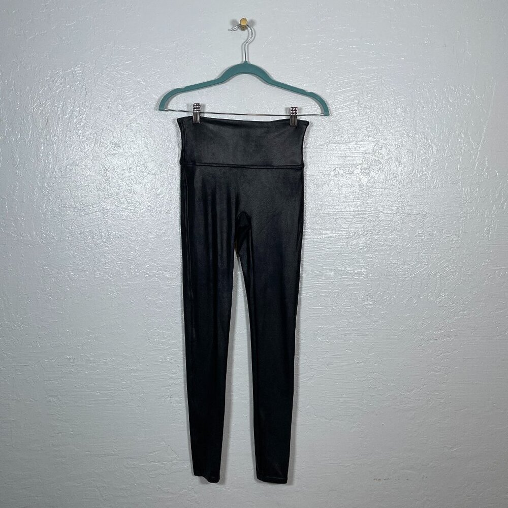 Spanx Women M Black Faux Leather Mid-Rise Shine Ankle Leggings Shaping Stretch